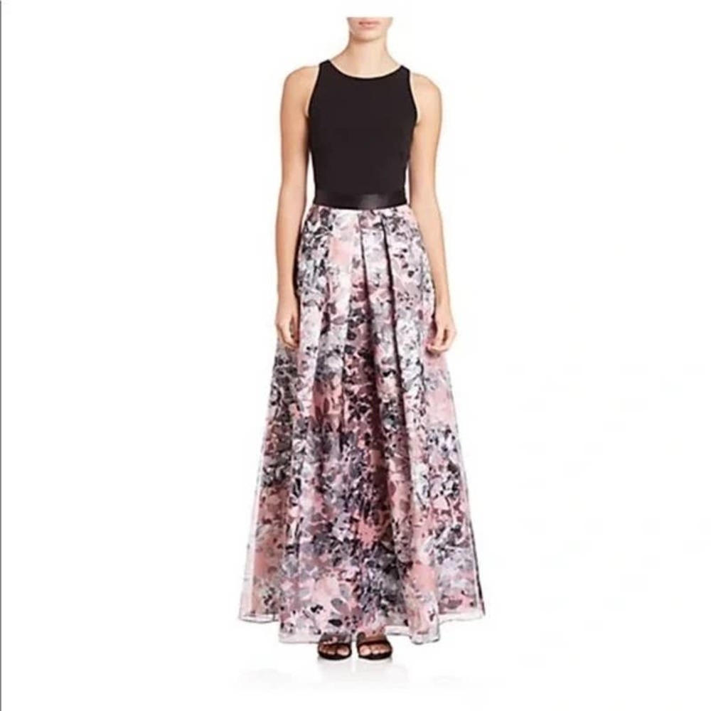 Aidan Mattox Floral Evening Gown 4 A Line Belted Formal Maxi Dress Pink Black